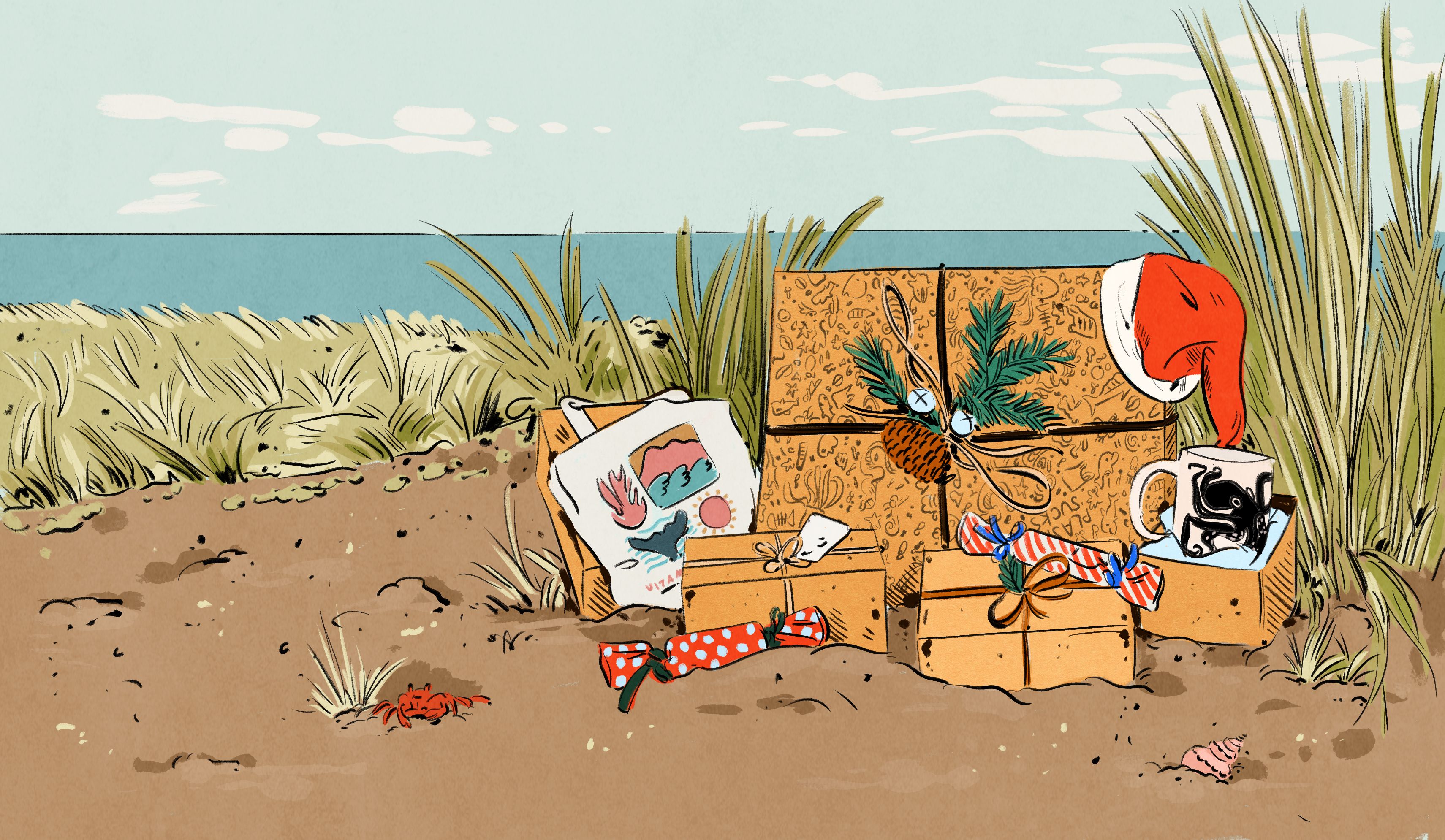 Illustration showing presents wrapped up in reused packaging with natural decorations and twine. The presents are on a beach with the sea in the background