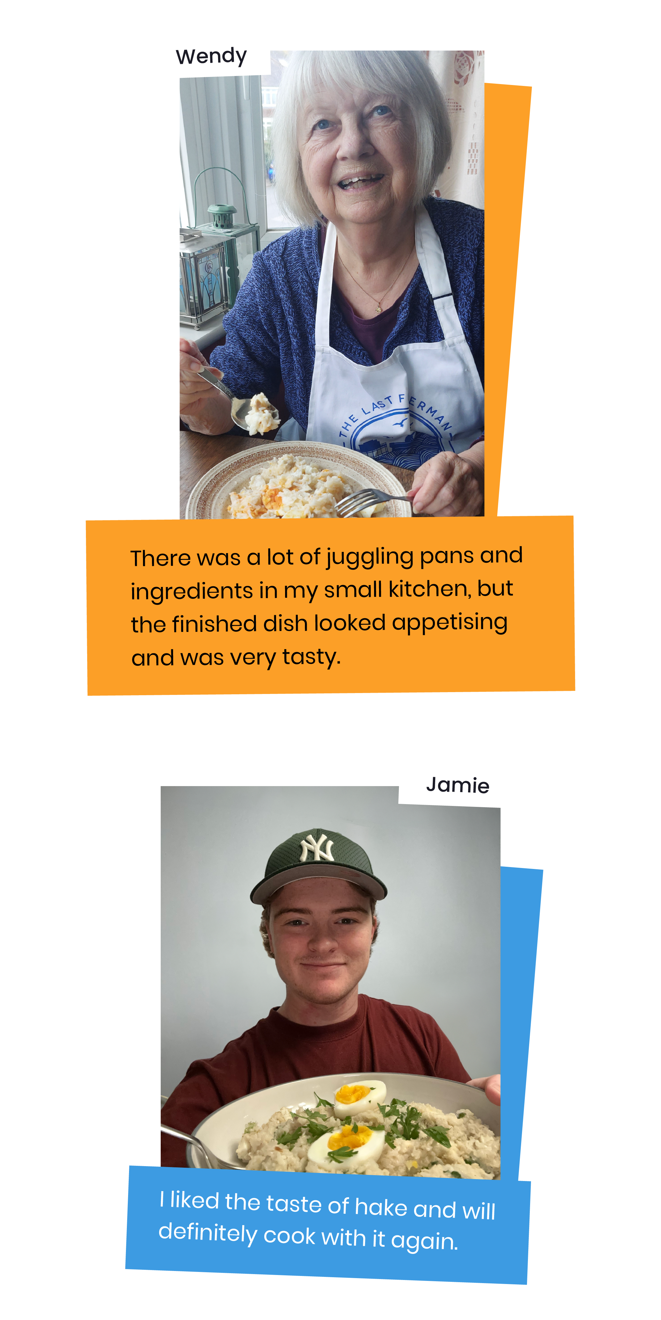 Two pictures showing Wendy and Jamie holding their finished kedgeree dishes