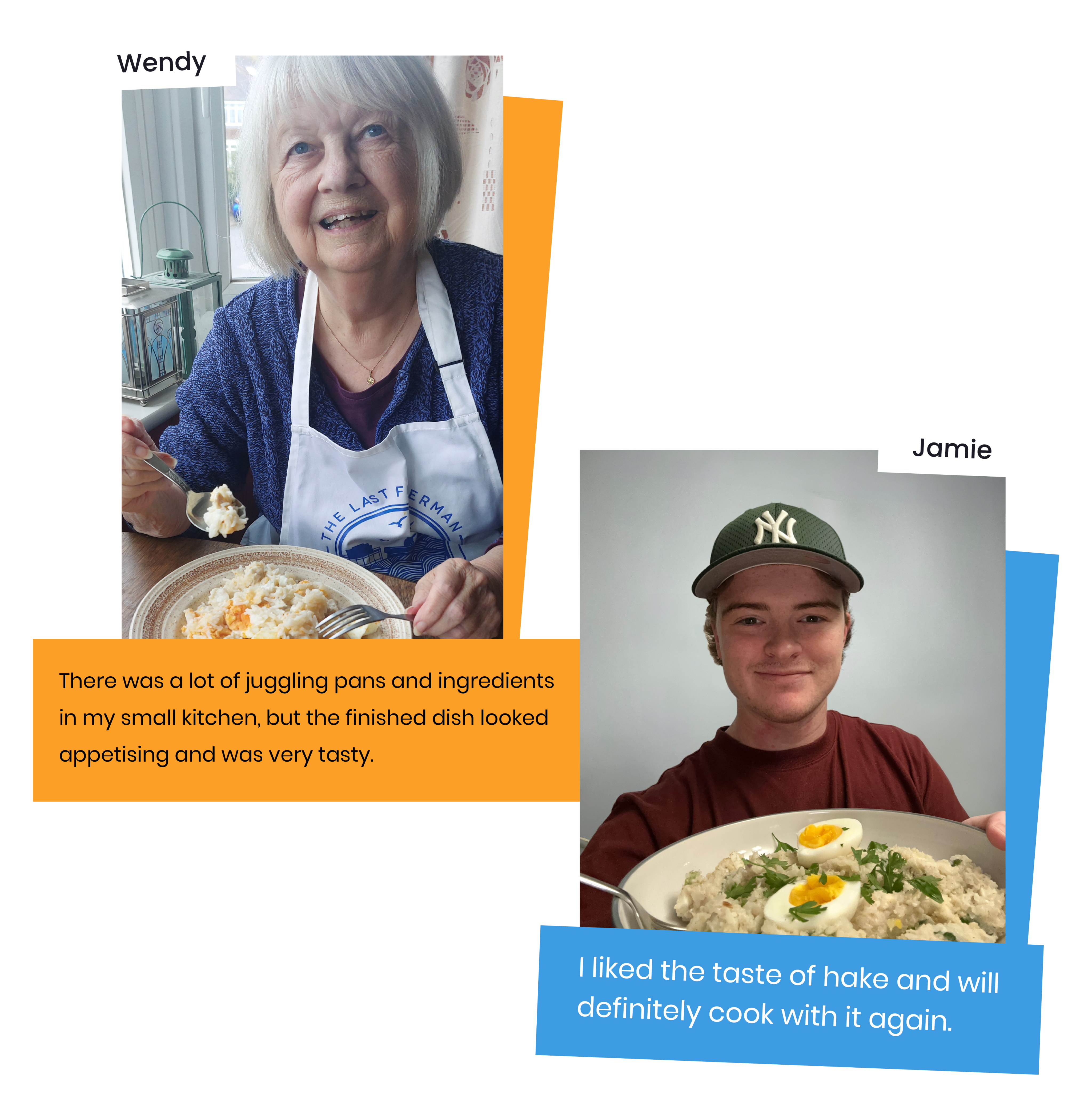 Two pictures showing Wendy and Jamie holding their finished kedgeree dishes