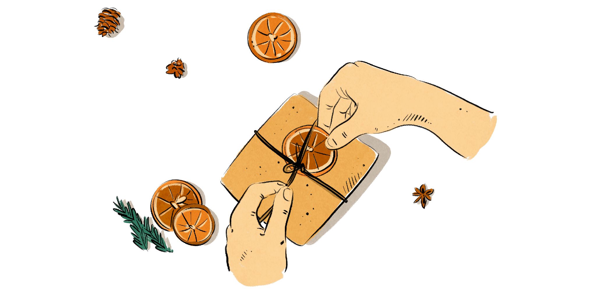 An illustration showing two hands wrapping a present using twine and dried orange peel and rosemary to decorate.