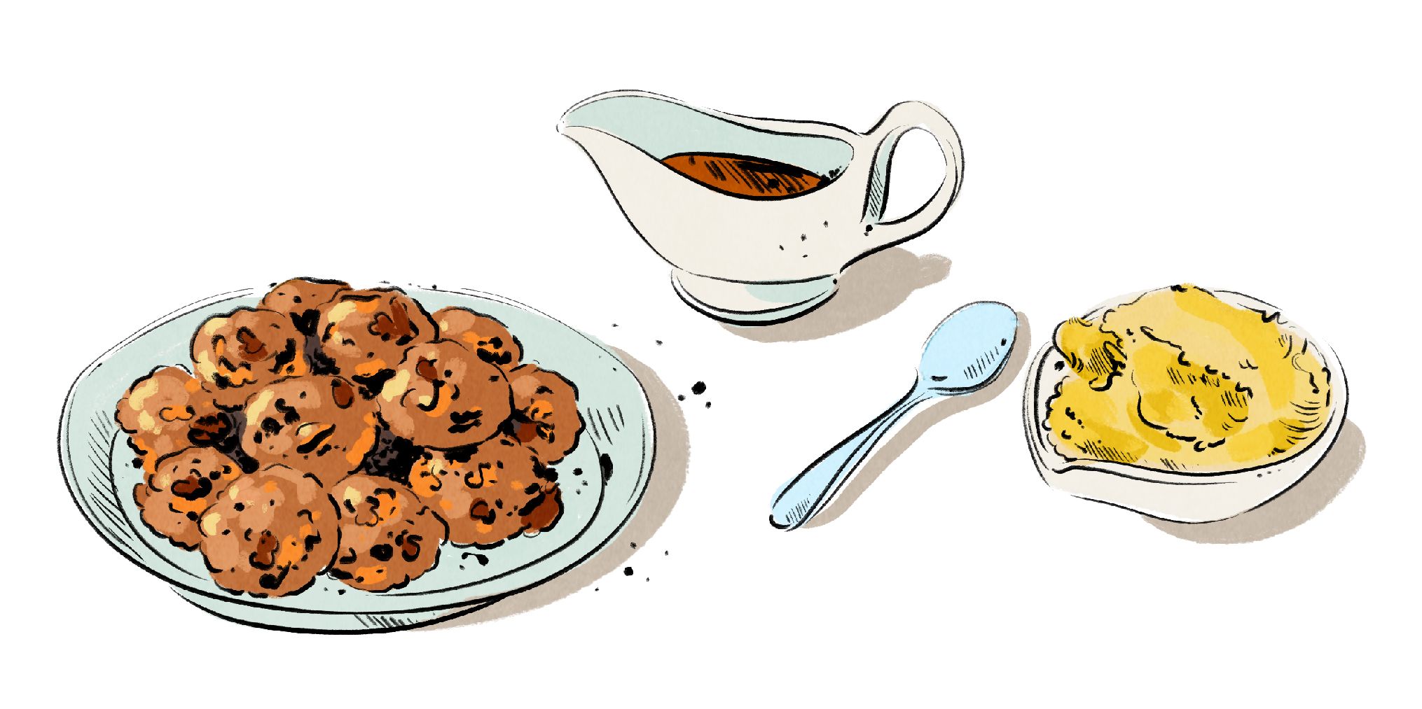 An illustration of a plate of stuffing balls, gravy boat and brandy butter. 