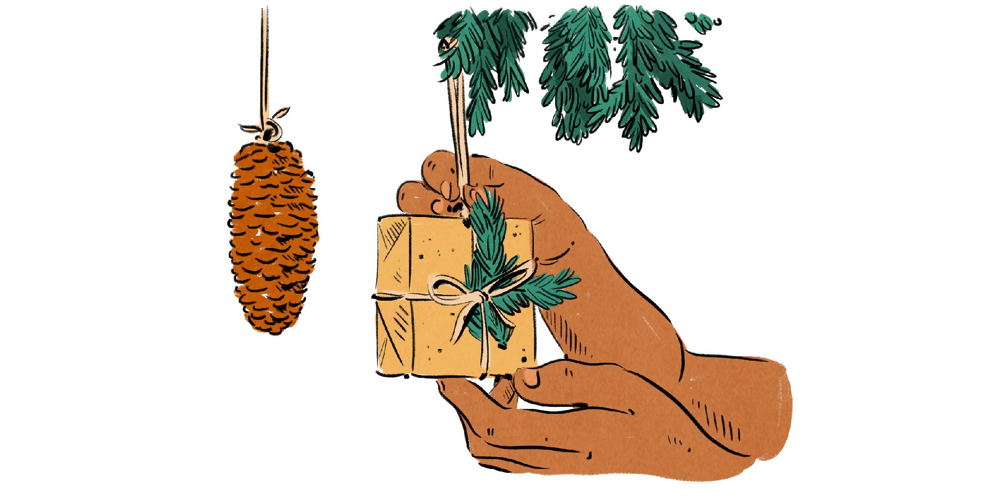 An illustration showing two hands holding a Christmas tree decoration of a mini present along with a pine cone decoration hanging from some twine.