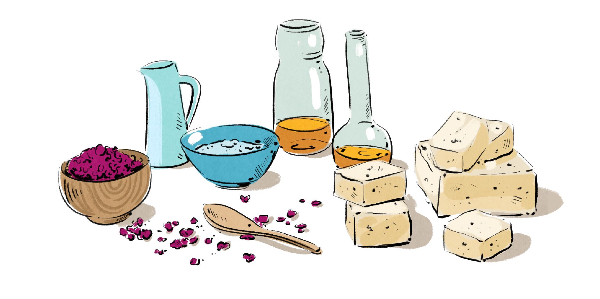 An illustration of ingredients and bowls and jugs to make soap.